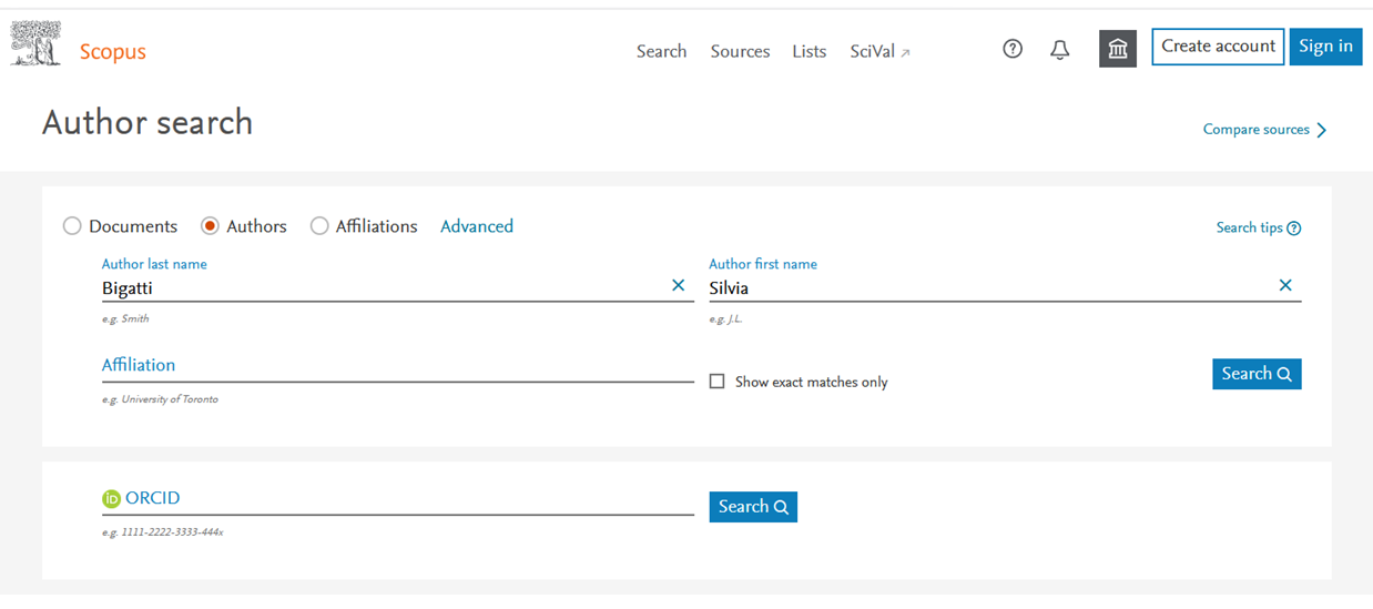 screenshot of author search screen in the Scopus database